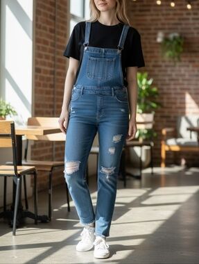 XL-Women's Distressed Denim Overalls - Blue
